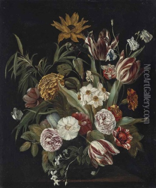 Roses, Tulips, A Sunflower And Other Flowers In A Glass Vase On A Stone Ledge Oil Painting - Jan Philip van Thielen