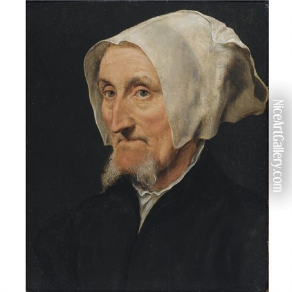 A Portrait Of Margret Halseber Of Basel, The Lady With The Two Beards, Head And Shoulders, Wearing A White Headdress Oil Painting - Willem Key