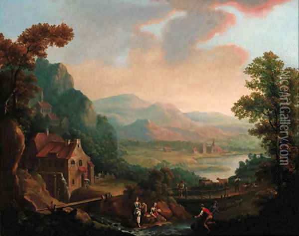 Figures before a river in an extensive landscape, a town beyond Oil Painting - Christian Georg II Schutz or Schuz