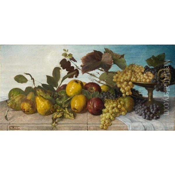 Poires, Pommes Et Raisins Sur Un Entablement Oil Painting - Franz Molitor