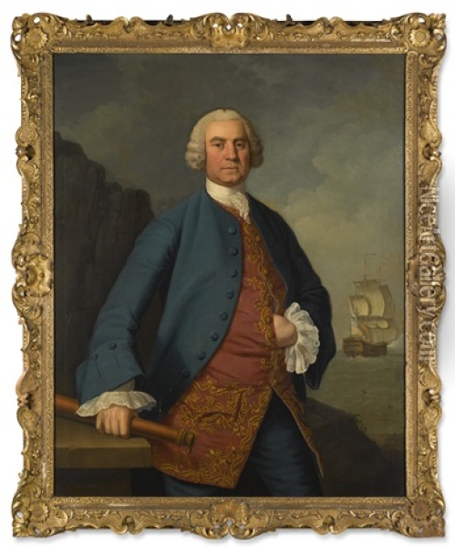 Portrait Of A Naval Captain, Traditionally Identified As George Belsches, Three-quarter-length, Standing, Wearing A Blue Coat Over An Embroidered Red Waistcoat, His Telescope In His Right Hand, A Man At War At Sea Beyond Oil Painting - Charles Stoppelaer