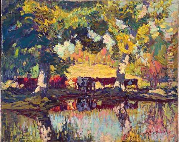 Cattle by the Creek Oil Painting - James Edward Hervey MacDonald