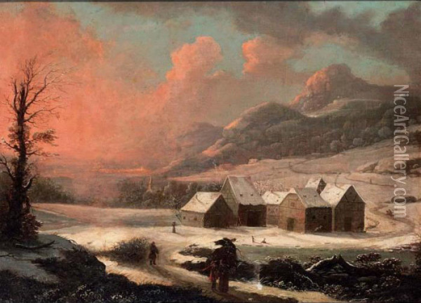 A Winter Landscape With Farms At Sunset Oil Painting - Christian Georg Ii Schuz