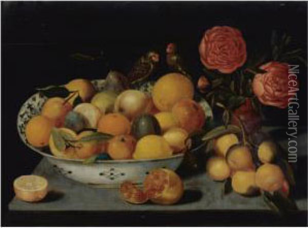 Still Life Of Fruit In A Wanli 
Kraak Porcelain Bowl Resting On A Table With A Pomegranate, A Bunch Of 
Oranges, Roses In A Vase And Two Parrots Oil Painting - Peter Paul Binoit