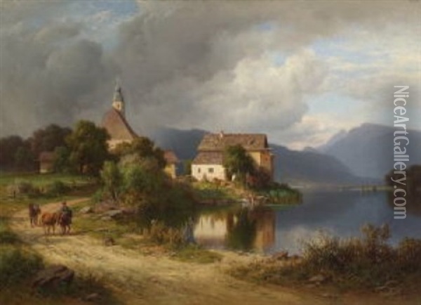 Dorf An Einem Gebirgssee Oil Painting - Joseph Schertel