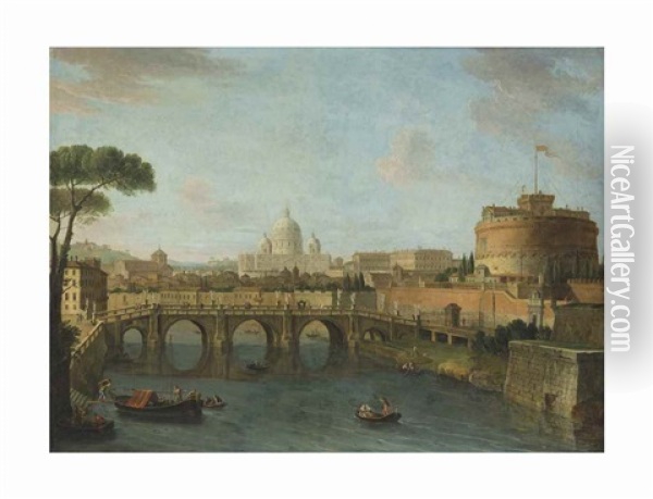 The Tiber, Rome, Looking Towards The Castel Sant'angelo, With Saint Peter's Basilica Beyond Oil Painting - Antonio Joli