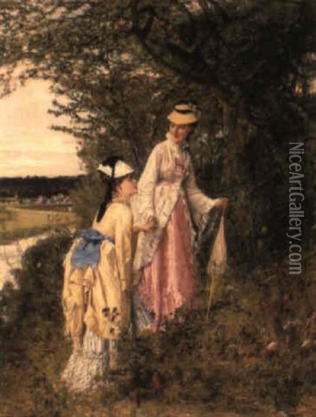 Two Ladies In A Landscape Oil Painting - Adrien Moreau