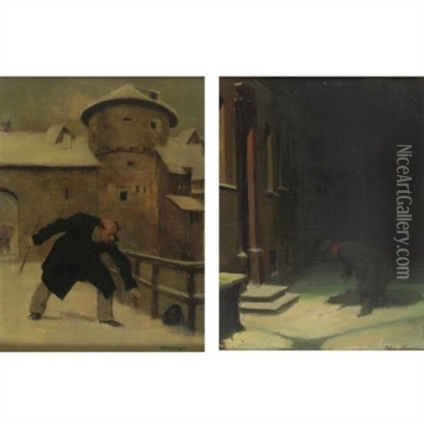 A Winter's Day And Night (pair) Oil Painting - Carl Kronberger