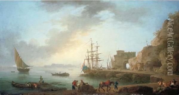 A Mediterranean Port With Fishing Boats, A Dutch Driemaster And Fisherman On A Quay Oil Painting - Claude-joseph Vernet