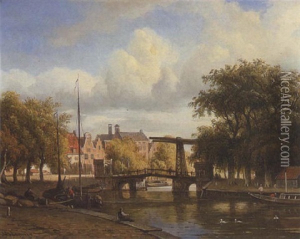 Blick Auf Eine Gracht Mit Zugbrucke (in Amsterdam?) Oil Painting - Arnoldus Johannes Eymer
