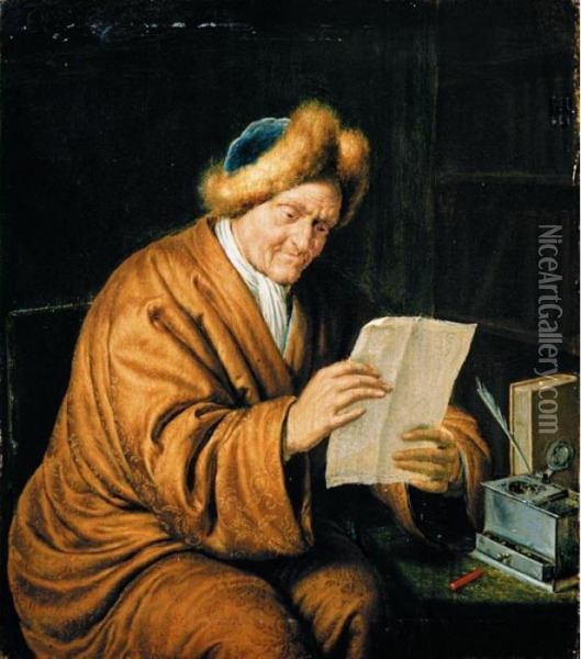 An Old Man Reading A Newspaper Oil Painting - Willem van Mieris