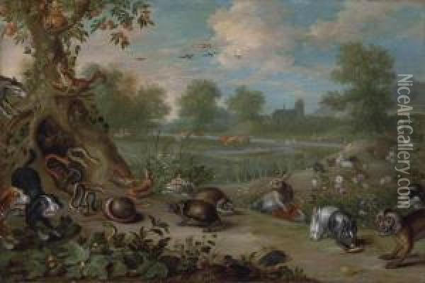 A Scene From Aesop's Fables: The Porcupine And The Snakes Oil Painting - Jan van Kessel