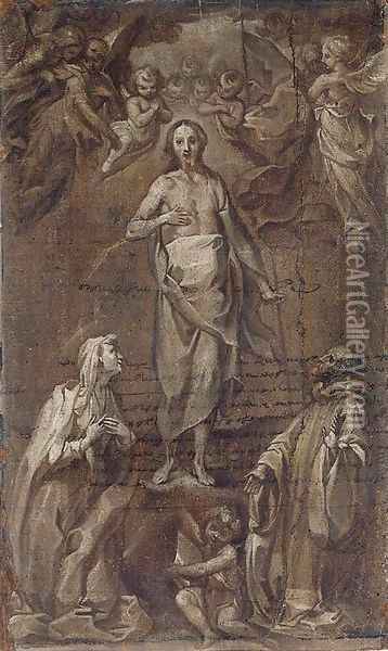 The Risen Christ Surrounded By Angels Appearing To Two Saints Oil Painting - Francesco Vanni