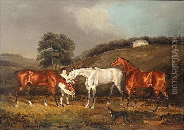 Three Hunters And A Groom Oil Painting - Charles Branscombe