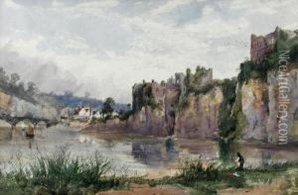 A View Of Chepstow Castle On The
 River Wye Singed Lower Left With Initials 