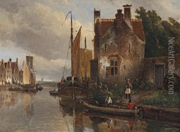 Bateau Amarres, Hollande: Moored Boats Along A Village Quay Oil Painting - Johan Barthold Jongkind
