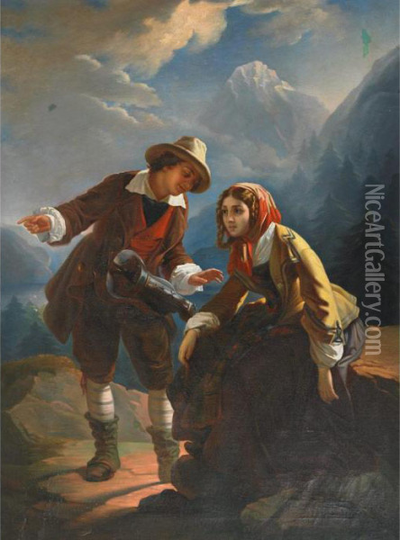 Young Lovers In The Mountains Oil Painting - Giuseppe Mazzolini