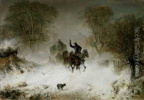Der Vorspann. Winterlandschaft Mit Von Sechs Pferden Gezogener Postkutsche. Oil Painting - Hermann Kauffmann