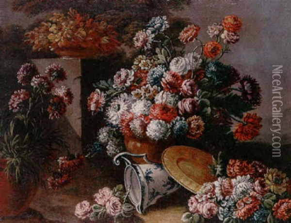 Chrysanthemums And Daffodils In An Earthenware Urn, Together With A Blue And White Jug, A Gilt Dish And Other Flowers In A Landscape Oil Painting - Gasparo Lopez
