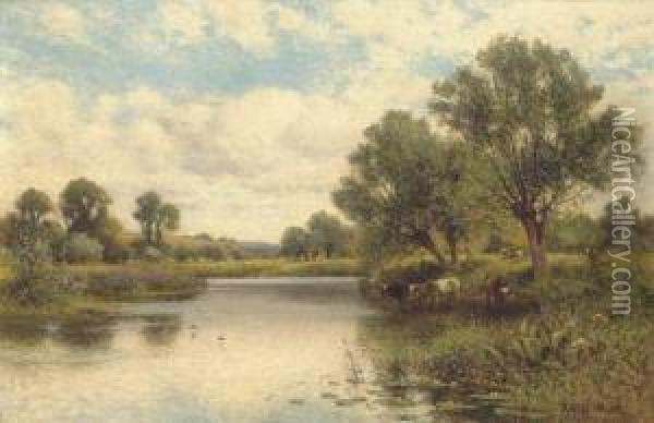 Cattle Watering Oil Painting - Alfred I Glendening