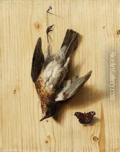A Trompe L'oeil Of A Wooden 
Partition With A Dead Fieldfare Suspended From A Nail With A Peacock 
Butterfly Oil Painting - Jacobus Biltius