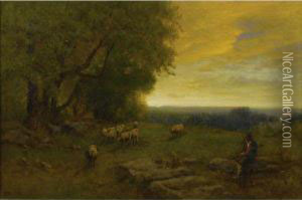Shepherd And Flock At Sunset Oil Painting - George Inness