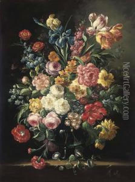 Parrot Tulips, Roses, Morning Glory And Other Flowers In A Glass Vase, On A Stone Ledge Oil Painting - Gaspar-pieter The Younger Verbruggen