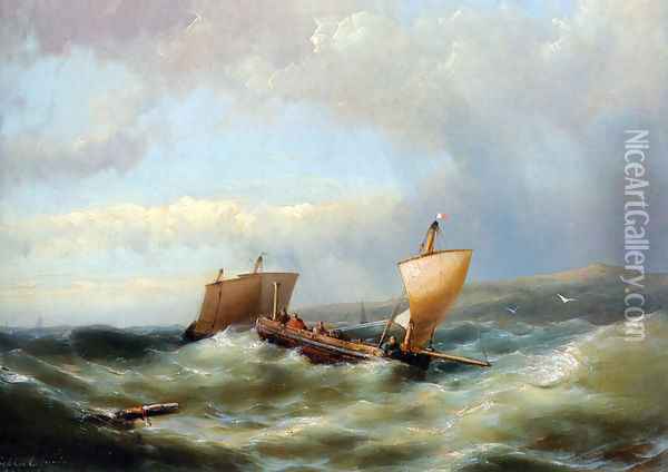 Sailors in a barge on a choppy sea Oil Painting - Hermanus Jr. Koekkoek