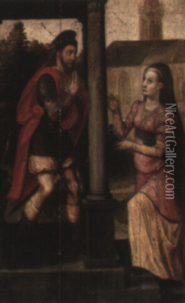 Two Figures By A Church (joachim And Anne?) Oil Painting - Lucas de Heere