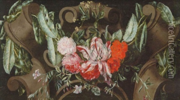 A Swag Of Roses, Carnations, Tulips And Other Flowers Adorning A Sculpted Urn Oil Painting - Daniel Seghers