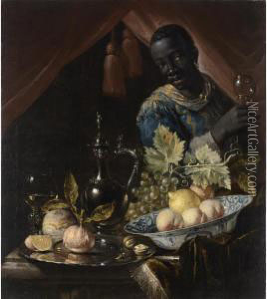 A Still Life With Peaches And A 
Lemon In A Wan-li Bowl, Oranges And Walnuts On A Silver Plate, Grapes, A
 Roemer, A Silver Can And A Knife, All On A Draped Table, Together With A
 Black Servant Oil Painting - Juriaen van Streeck