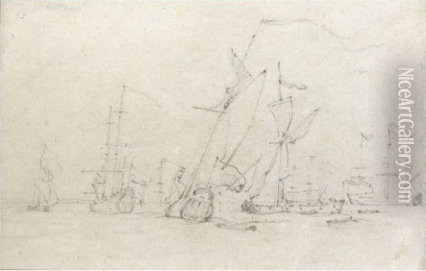 Shipping On A Calm Sea Oil Painting - Willem van de, the Elder Velde