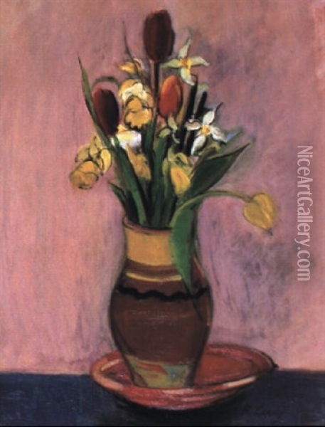 Still Life With Tulips Oil Painting - Rudolf Levy