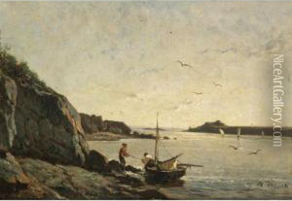 Pecheurs Bretons [, Fishermen In Brittany, Oil On Canvas, Signed] Oil Painting - Felix Saturnin Brissot de Warville