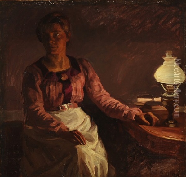 Interior With A Seated Woman Partly Lit Up By Lamplight Oil Painting - Peter Marius Hansen