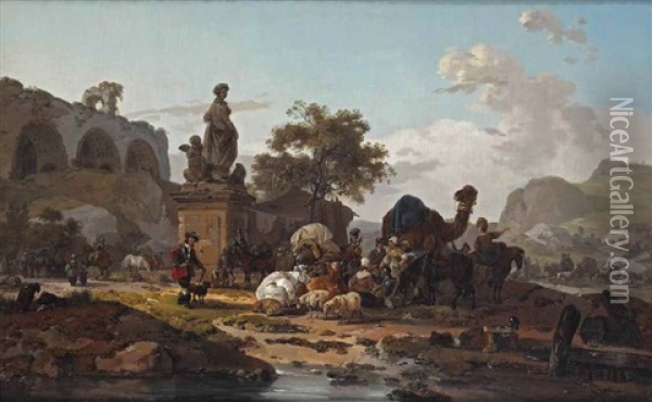An Italianate Landscape With A Caravan Of Cattle, Sheep, A Camel And Travellers, Near A Ruin Oil Painting - Claude Michel Hamon Duplessis
