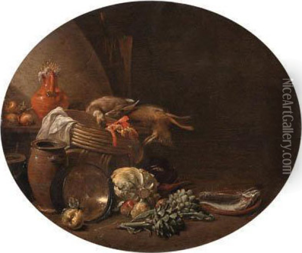 A Kitchen Interior With A Hare 
And A Mallard On A Table By A Basketwith Fish On A Terracotta Plate, 
Apples, Artichokes And Othervegetables Oil Painting - Jan Olis
