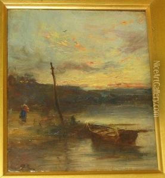 Shore Scene At Dusk With Rowing Boat And Figure Oil Painting - William Bradley Lamond