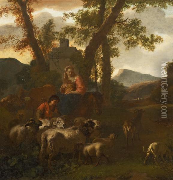 Family Of Shepherds With Their Herd In An Open Campanian Landscape Oil Painting - Simon van der Does