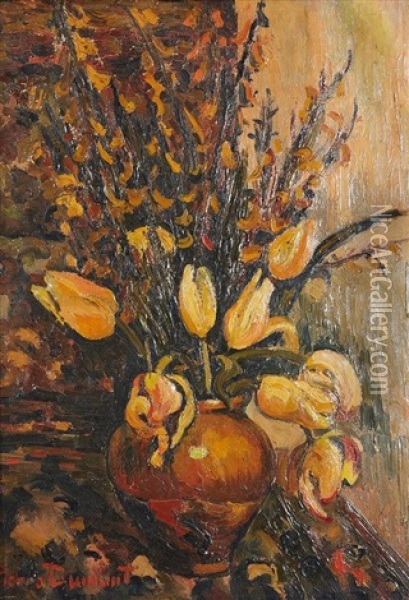 Bouquet De Tulipes Et Iris (+ Nu, Verso) Oil Painting - Pierre Dumont