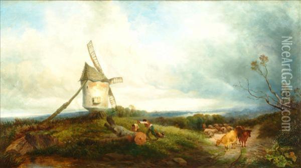 Shayer Cattle And A Logteamin A Landscape With Windmill Oil Painting - William Joseph Shayer