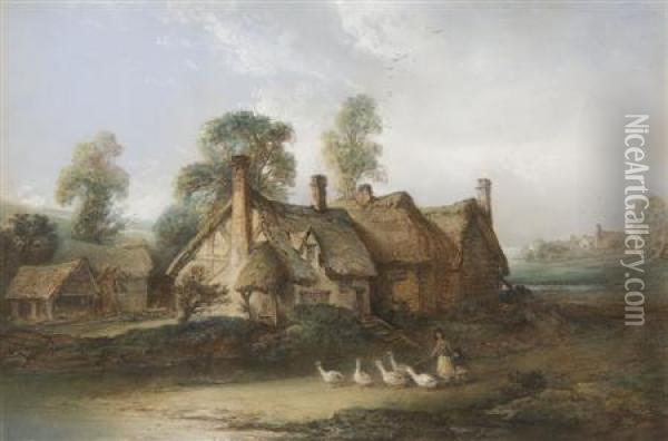 A Goose Girl With Her Flock Before Thatched Cottages Oil Painting - Edward Robert Smythe