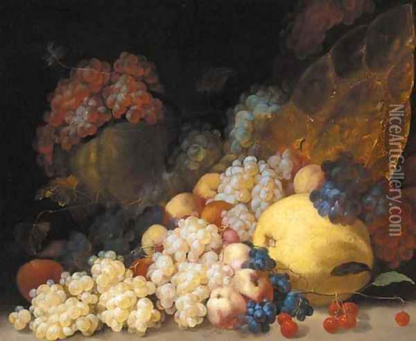 Grapes, cherries, peaches, a melon, a lemon and a silver gilt platter Oil Painting - Luca Forte