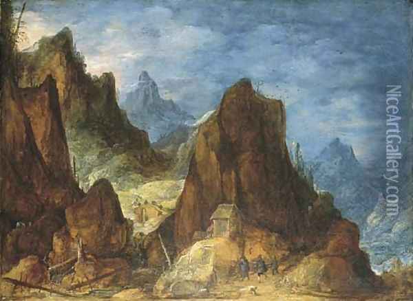 An extensive mountainous landscape with travellers near a hut Oil Painting - Joos De Momper