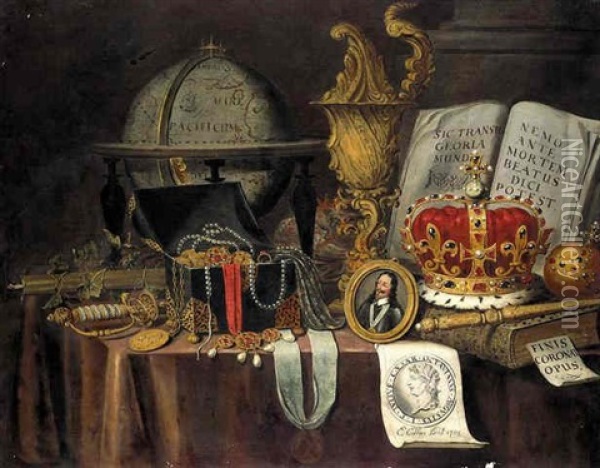 A Vanitas Still Life Of Court Jewels In A Casket, A Globe, Sword, And A Miniature Portrait Of Charles I Oil Painting - Edward Collier