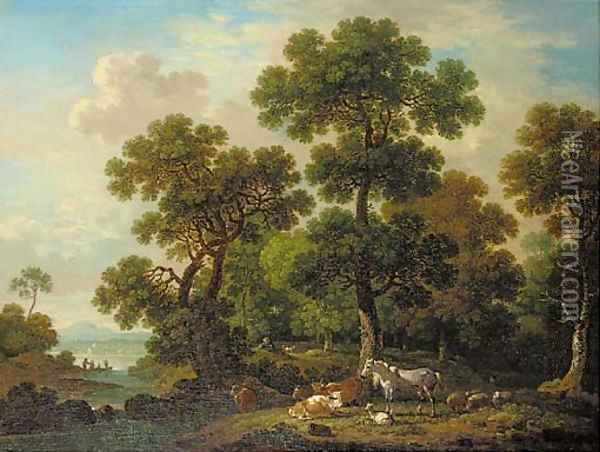 A wooded landscape with a shepherd watching over cattle, sheep, and a horse by a river Oil Painting - Simon Mathurin Lantara