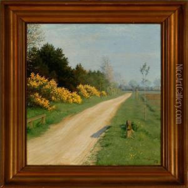 Sunny Landscape With Blooming Flowers By A Country Road Oil Painting - Valdemar Magaard