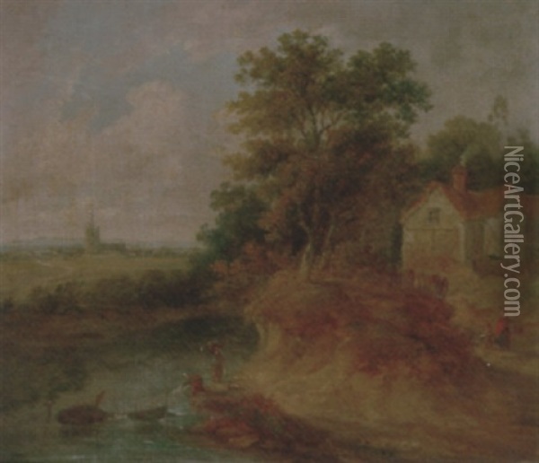 Washerwomen By A Stream, A Church And A Town Beyond Oil Painting - John Laporte