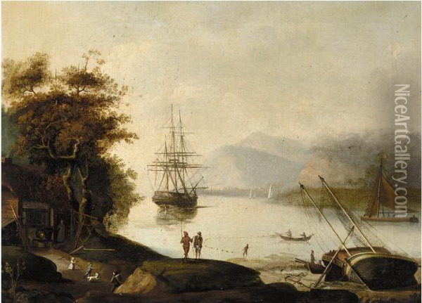 Estuary Scene With Fisherman And A Man Of War At Anchor Oil Painting - John Jenkinson