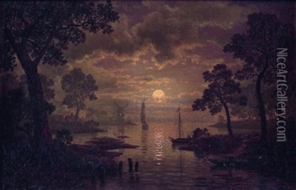 Paysage D'estuaire Au Clair De Lune Oil Painting - Georg Eduard Otto Saal